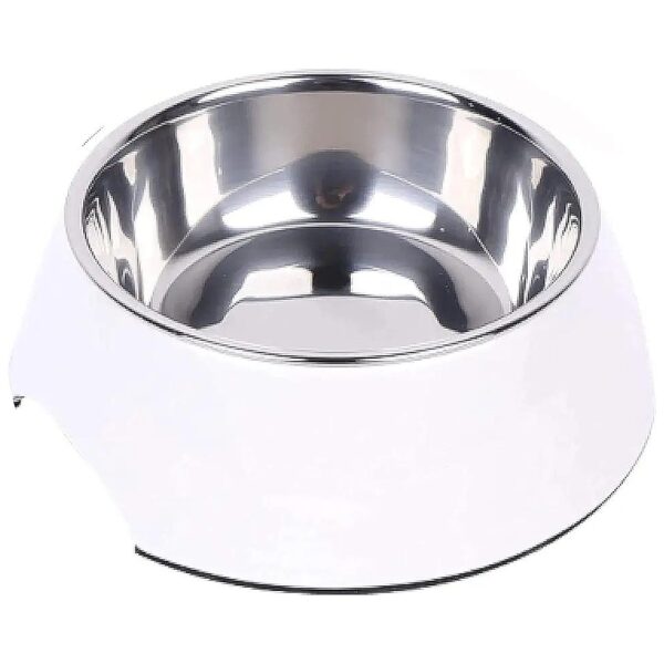 8 oz White Durable Dog Feeding Bowl with Non-Slip Melamine Base and Stainless Steel Bowl