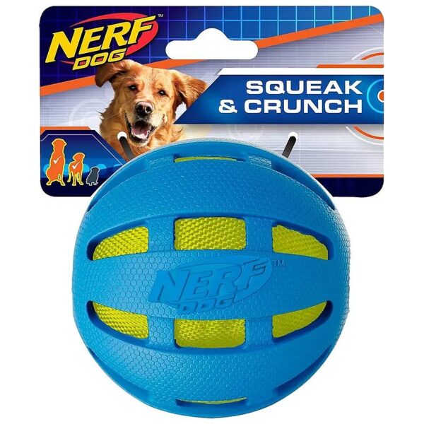 8in Blue Rubber Checker Ball with Green Crunch Bag for Puppies and Small Breeds