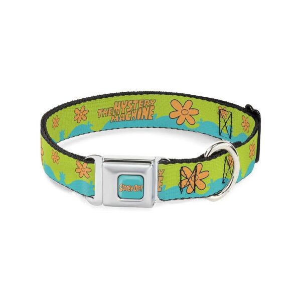 9 to 15 Inch Adjustable Dog Collar with Green Aqua Orange Mystery Machine Print