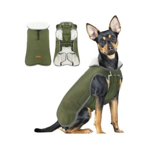 ALAGIRLS Thick Winter Dog Coat with Fleece Lining and Leash Hole in ArmyGreen XL