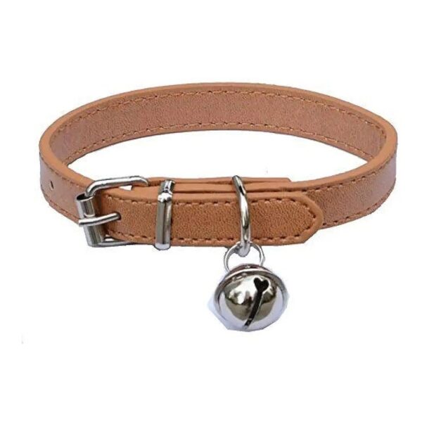 Adjustable Beige Leather Pet Collar with Bell for Cats Puppy Small Dogs