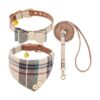 Adjustable Beige Plaid Dog Collar and Leash Set for Small Breeds