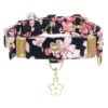 Adjustable Black Floral Print Cat and Dog Collar with D-Ring and Rhinestones