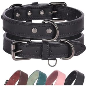 Adjustable Black Leather Dog Collar for Medium to Small Dogs