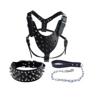 Adjustable Black Leather Dog Harness Collar Chain Leash Set for Medium to Large Breeds