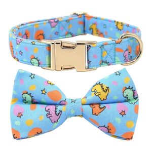 Adjustable Blue Dinosaur Bowtie Dog Collar with High-Quality Materials and Secure Fixing