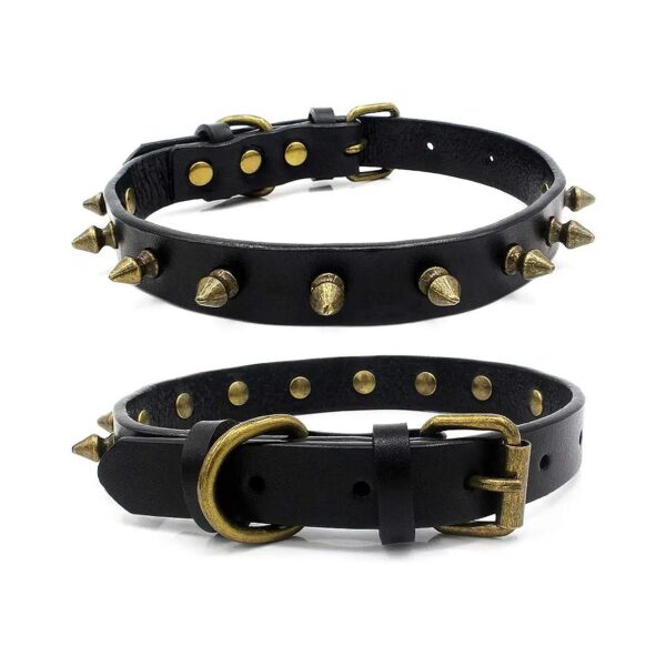 Adjustable Brass Buckle Punk Style Leather Dog Collar with Spikes and Studs in Black