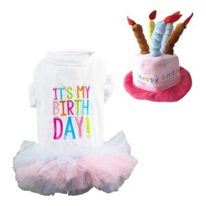 Adjustable Cake Shaped Puppy Birthday Hat and Soft Cotton Tutu Dress for Small Dogs