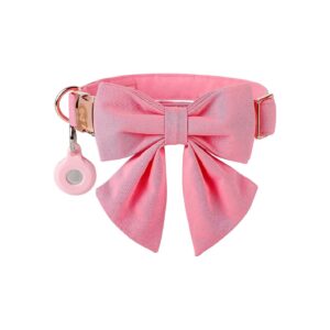 Adjustable Cotton Dog Collar with Pink Sailor Bow and Airtag for Small Medium Large Dogs