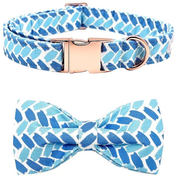 Adjustable Dog Collar with Blue Print and Removable Bowtie for Small Medium Large Dogs