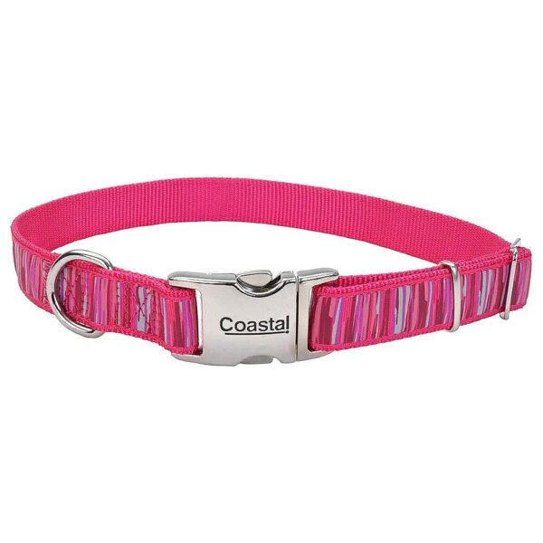 Adjustable Dog Collar with Pink Flamingo Stripe Ribbon Overlay