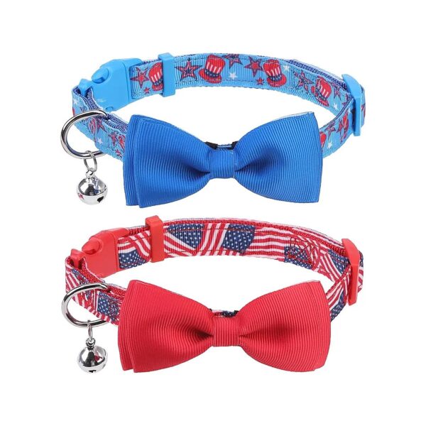 Adjustable Dog Collars with Bell and Bow, 2 Packs, Pet Independence Day Gift