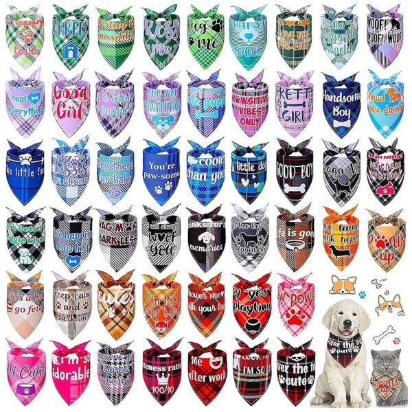 Adjustable Dog Triangle Scarf Kerchief 50 Pcs Plaid Dog Bandanas for Small to Medium Dogs