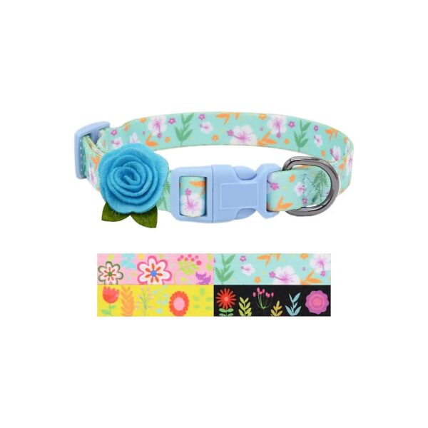 Adjustable Floral Dog Collar with Removable Flower Pattern in Soft Comfortable Nylon Blue