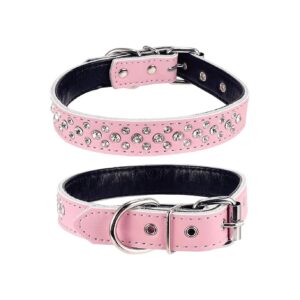 Adjustable Genuine Leather Rhinestones Dog Collar for Small and Medium Breeds Pink