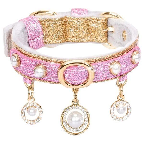 Adjustable Gold Small Pet Collar with Bling PU Leather and Cute Pearls