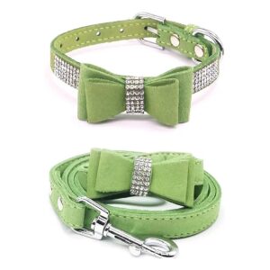 Adjustable Green Rhinestone Dog Collar with Buckle and Leash for Small to Medium Dogs