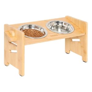 Adjustable Height Elevated Dog and Cat Food Bowl Stand with 2 Stainless Steel Bowls