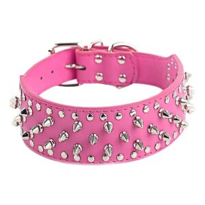 Adjustable Hot Pink PU Leather Dog Collar for Small to Medium Dogs with Rivet Spikes