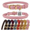 Adjustable Leather Dog Collar with QR ID Tag for Small Medium Large Dogs and Puppies