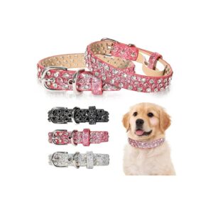 Adjustable Leather Dog Collar with Sparkly Diamonds for Small Medium Large Dogs Pink