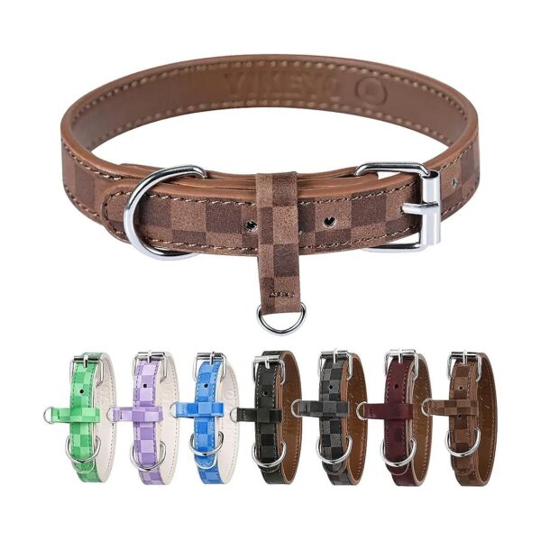 Adjustable Leather Plaid Dog Collar for Small Medium Large Dogs