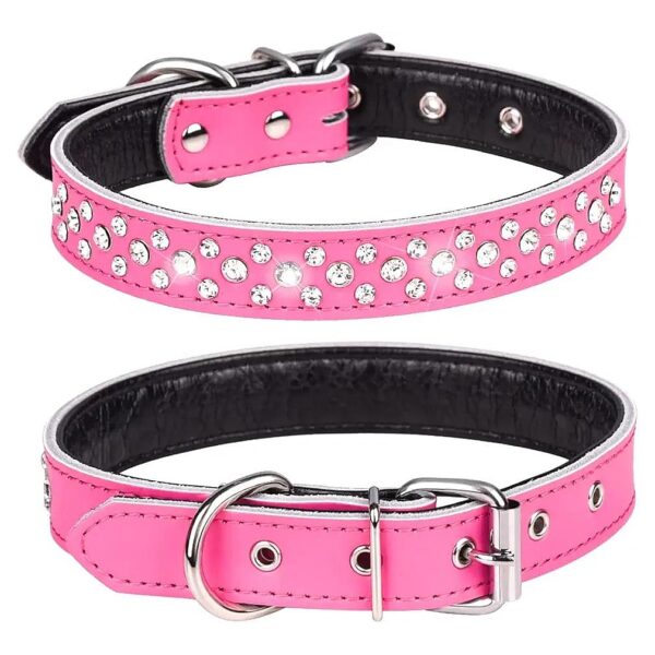 Adjustable Neck Hot Pink Leather Dog Collar with Rhinestones for Small Medium Breeds