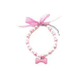 Adjustable Pet Necklace with Bling Bone Charm and Matching Bow Closure, Pearl Accents