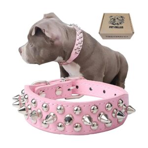 Adjustable Pink Leather Spiked Studded Dog Collar with Squeak Ball Gift