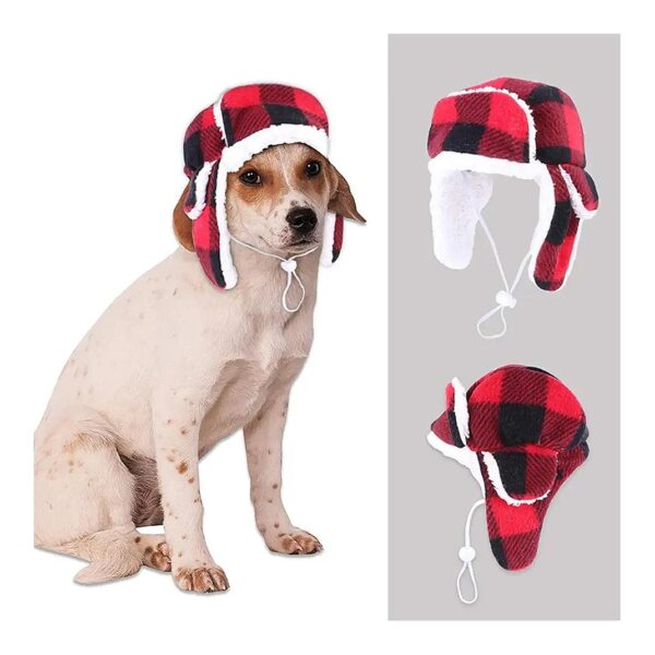 Adjustable Red Plaid Christmas Dog Headwear with Earmuffs for Small Medium Large Canines