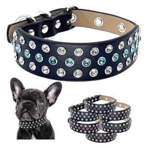 Adjustable Rhinestone Dog Collar with Aqua and Clear White Stones in Black Leather