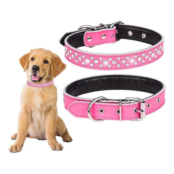 Adjustable Rhinestone Studded Leather Collar for Small Medium Dogs 11-13" Neck Rose Red