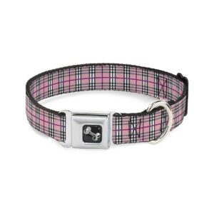 Adjustable Seatbelt Buckle Dog Collar in Plaid Pink with 1" Wide Strap