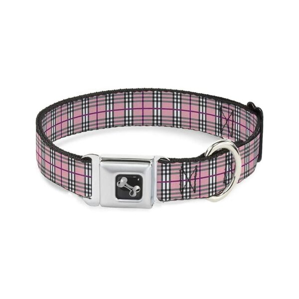 Adjustable Seatbelt Buckle Dog Collar in Plaid Pink with 1" Wide Strap