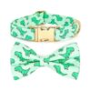 Adjustable Small Dog Collar with Green Dinosaur Pattern and Detachable Bow Tie