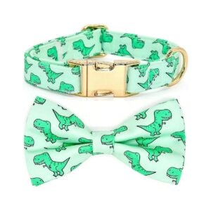 Adjustable Small Dog Collar with Green Dinosaur Pattern and Detachable Bow Tie