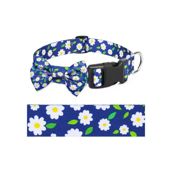 Adjustable Soft Dog Collar with Daisy Blue Floral Pattern and Bow for Small Dogs