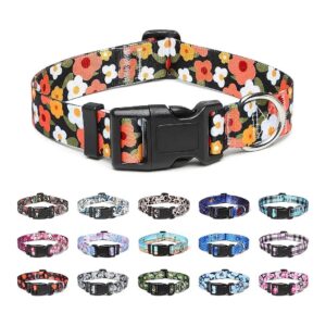 Adjustable Soft Nylon Dog Collar with Floral Orange Pattern for Small Medium Large Dogs