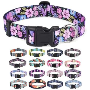 Adjustable Soft Polyester Dog Collar in Floral Pink with Geometric Tribal Floral Patterns