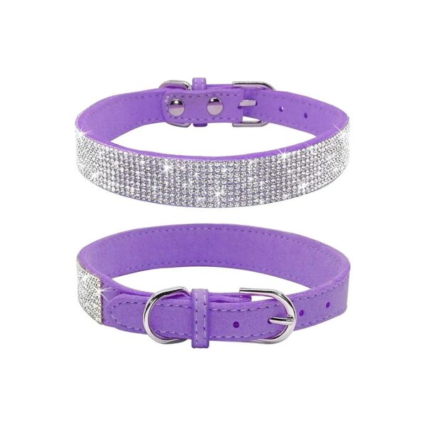 Adjustable Soft Suede Leather Rhinestone Dog Collar with Bling Diamonds and Purple Color