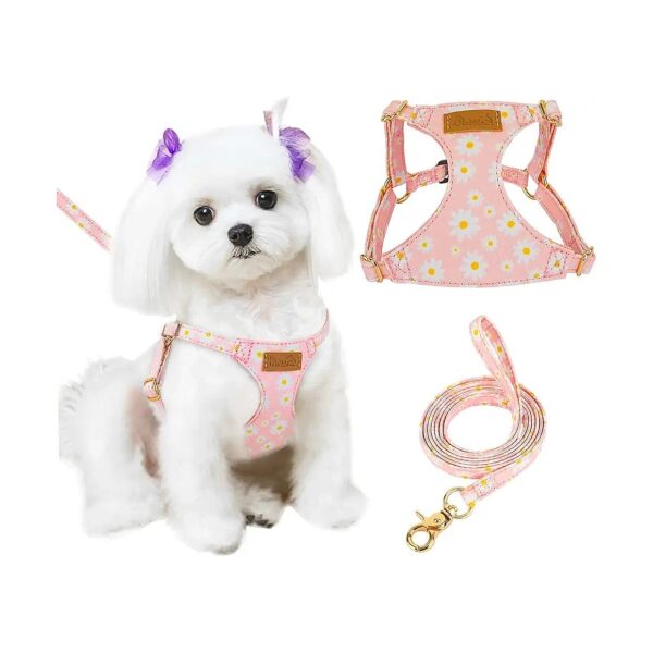 Adjustable Soft Suede Puppy Harness and Leash Set in Pink for Small to Medium Size Dogs