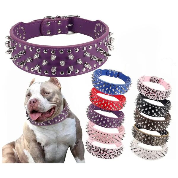 Adjustable Spiked Studded Dog Collar PU Leather Purple 2 Wide