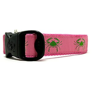 Adjustable Summer Nautical Dog Collar with Green Crabs on Pink Color