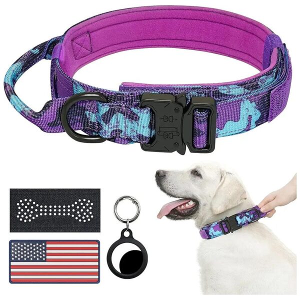 Adjustable Tactical Dog Collar with Airtag Holder and Two Patches for Medium Large Dogs