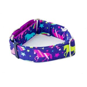 Adjustable Width Martingale Dog Collar with Buckle and Rainbow Unicorn Pattern