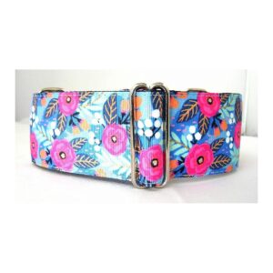 Adjustable and Fully Lined Blue Tropical Flowers Martingale Dog Collar for Big Breeds