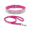 Adorable Hot Pink Soft Suede Leather Rhinestone Collar with Leash for Small Dogs and Cats