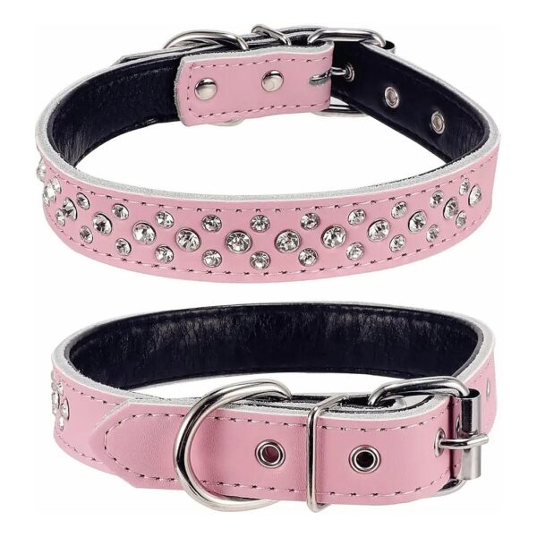 Affordable Pink Leather Rhinestone Studded Collar for Small to Medium Dogs