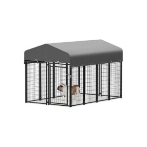 All Weather Metal Dog Kennel with Roof and Lockable Doors for Small to Medium Breed Dogs