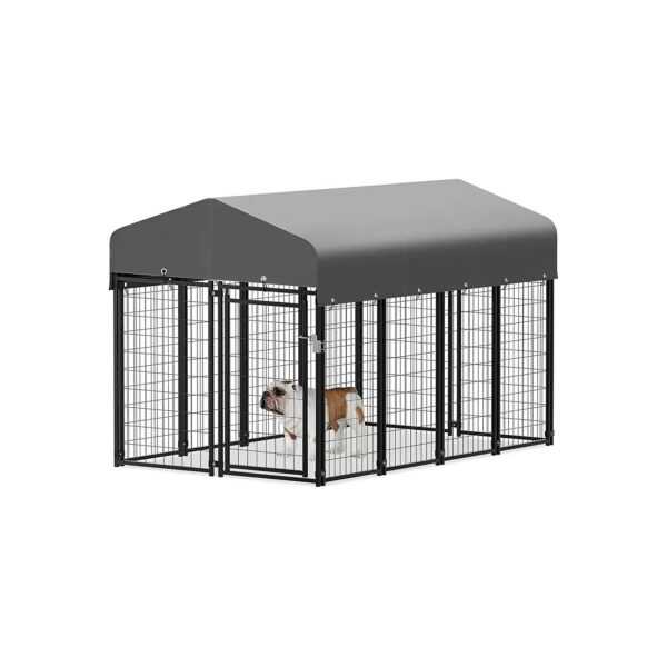 All Weather Metal Dog Kennel with Roof and Lockable Doors for Small to Medium Breed Dogs